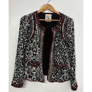 University Club Jacket Women Medium Black White Geometric Embellished Open Front